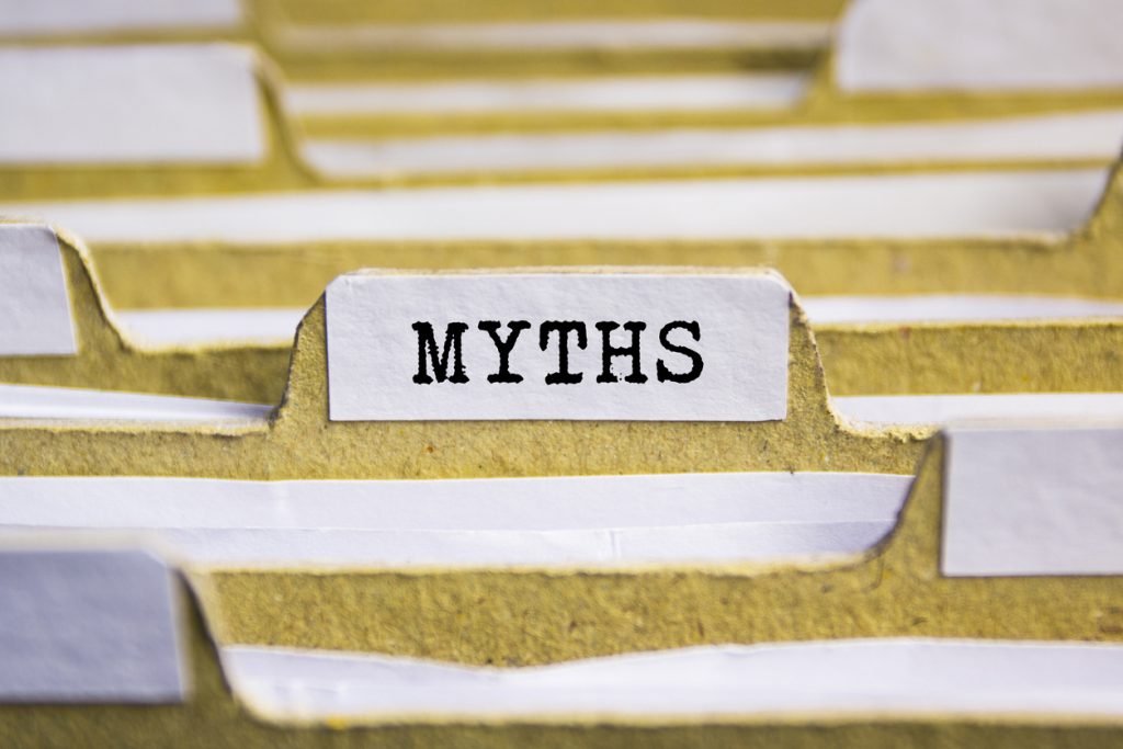 the word myths typed onto a card index paper