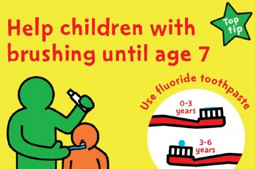 a change 4 life national smile month image that states you should 'help children with brushing until age 7, and use fluoride toothpaste